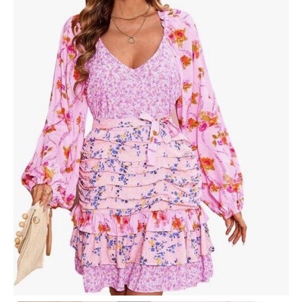 R vivimos multi pattern ruffled mini dress size medium pink tie waist